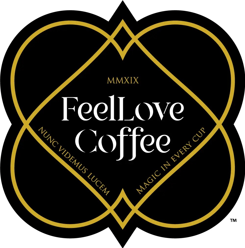 FeelLove Coffee logo featuring a gold crest, black background, and white text, representing quality artisan coffee, tea, and French pastries.